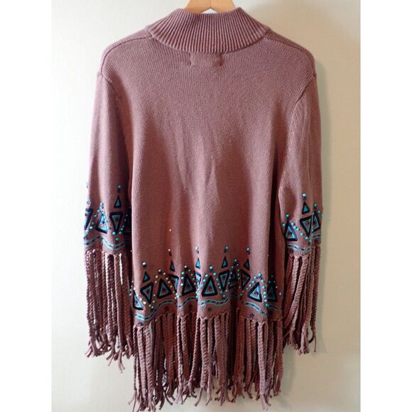 Bob Mackie Wearable Art Brown Full-Zip Sweater Beaded Turquoise Fringe Medium - Picture 2 of 10